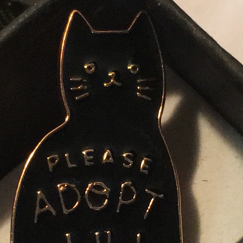 “Please Adopt” Black Cat enamel & metal pin NWB